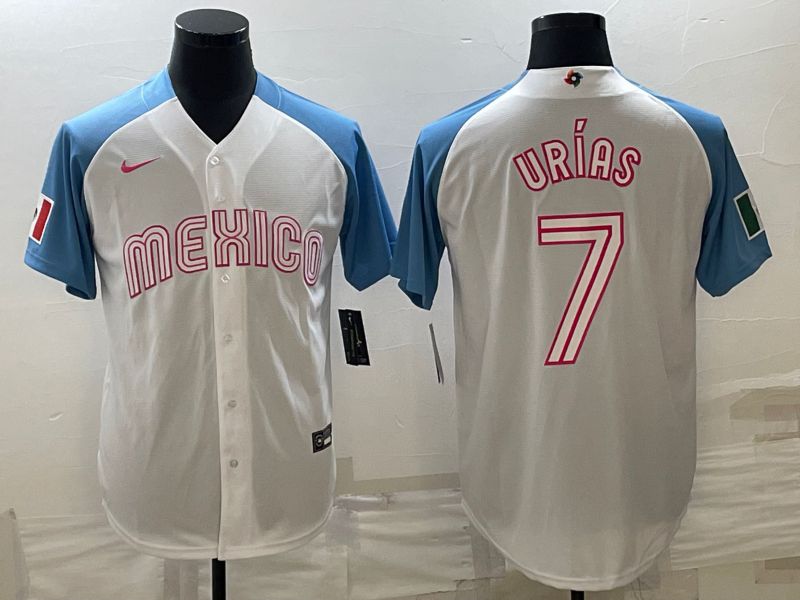Men 2023 World Cub Mexico 7 Urias White blue Nike MLB Jersey3